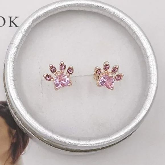 Crystal Pink Cat Dog Paw Earrings - Picture 3 of 7